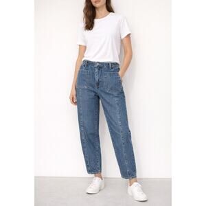 Zara Barrel Leg Jeans Blue Patch Pocket High Waist Tapered Denim Size 8